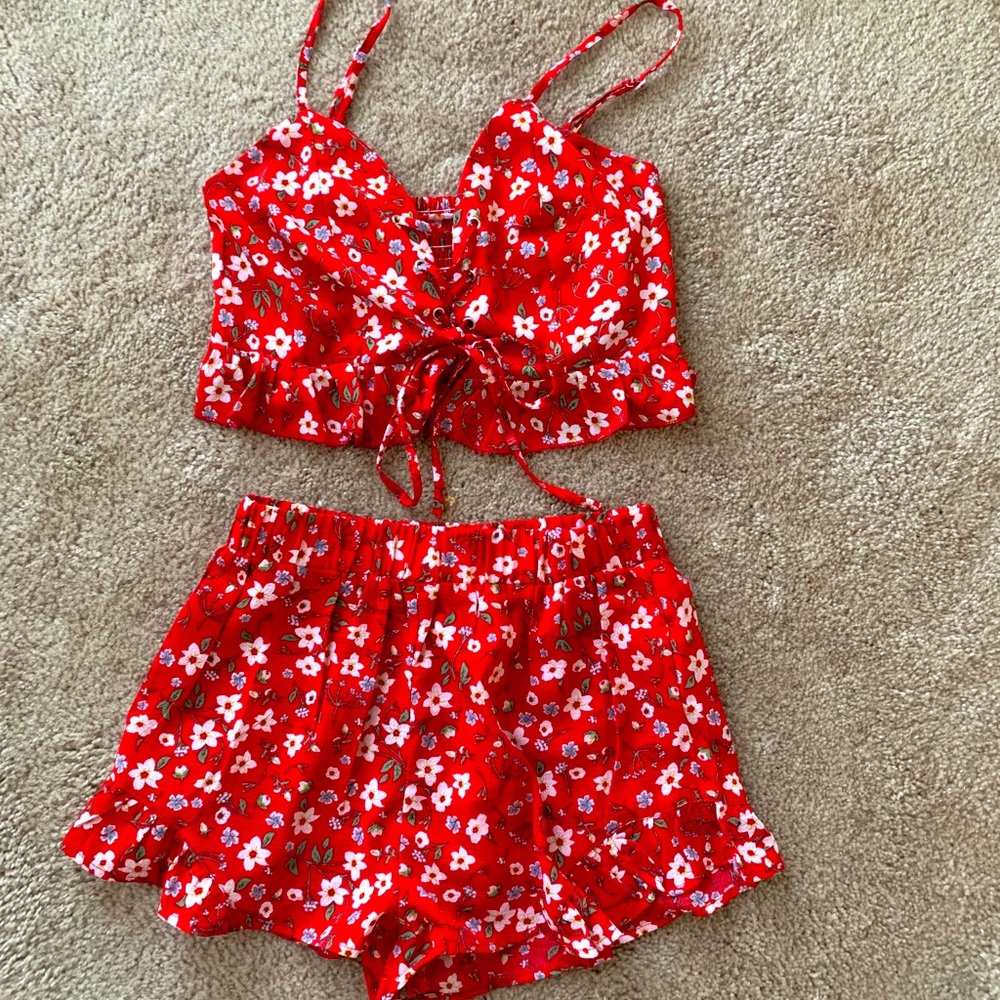Red Floral Two Piece Set